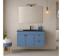 Inbagno Mobile Bagno Sospeso 100 Cm Azzurro Opaco Con Lavabo In Ceramica E Specchio - 2 Ante E 2 Cassetti - Linea Craft - Mobile Moderno Già Montato In MDF