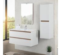 Inbagno Mobile bagno sospeso 100 cm bianco e rovere africa con 2 cassetti soft-close, lavabo in ceramica e specchio reversibile 60x80 cm, KLEO