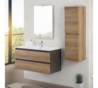 Inbagno Mobile bagno sospeso 100 cm ossido e rovere africa con 2 cassetti soft-close, lavabo in ceramica e specchio reversibile 60x80 cm, KLEO
