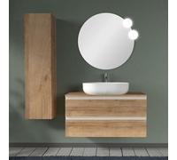 Inbagno Mobile bagno sospeso 100 cm per lavabo da appoggio, serie Master 2 cassetti, completo di top e specchio (Rovere Miele)