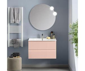 Inbagno Mobile bagno sospeso 100 cm rosa opaco cannettato con 2 cassetti, lavabo in ceramica e specchio tondo 80 cm, GIAVA