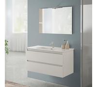 Inbagno Mobile bagno sospeso 100 cm rovere bianco con 2 cassetti, completo di lavabo e specchiera a filo reversibile, NADIA