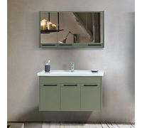 Mobile Bagno sospeso 100 cm Verde Effetto Legno, a Tre Ante con lavabo e armadietto a Specchio, Serie Sofia