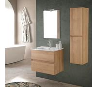 Inbagno Mobile bagno sospeso 60 cm noce gold con 2 cassettoni, lavabo in ceramica, specchio 60x80 e pensile H 120 cm, DAFNE