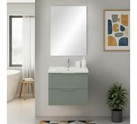 Inbagno Mobile Bagno Sospeso 60 Cm Verde Opaco Con 2 Cassetti Soft-Close Lavabo In Ceramica E Specchio Rettangolare - Linea Elva