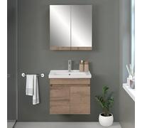 Inbagno Mobile bagno sospeso 65 cm rovere scuro con 2 ante soft-close, lavabo e specchio contenitore 65x66 cm, MONA