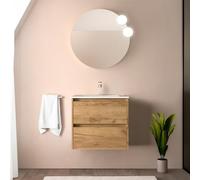 Mobile bagno sospeso 70 cm rovere africa con lavabo e specchio tondo 70 cm, 2 cassetti con chiusura soft-close, GAYA
