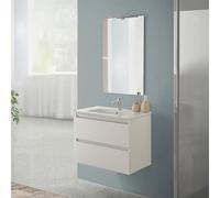Inbagno Mobile bagno sospeso 70 cm rovere bianco con 2 cassetti, completo di lavabo e specchiera a filo reversibile, NADIA