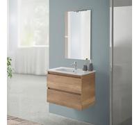 Inbagno Mobile bagno sospeso 70 cm rovere naturale con 2 cassetti, completo di lavabo e specchiera a filo reversibile, NADIA