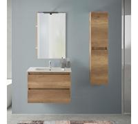 Inbagno Mobile bagno sospeso 70 cm rovere naturale con pensile H 125, completo di lavabo e specchiera a filo reversibile, NADIA
