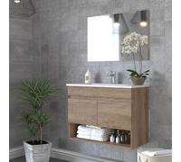 Mobile bagno sospeso 80 cm, 2 ante e vano a giorno serie Oasi, colore rovere con venatura naturale, COMPLETO di lavabo in ceramica e specchiera