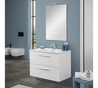 Inbagno Mobile Bagno sospeso 80 cm, Bianco Lucido 2 cassetti, Completo di lavabo e Specchio