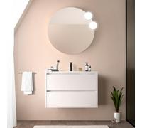 Inbagno Mobile bagno sospeso 80 cm bianco lucido con lavabo e specchio tondo 70 cm, 2 cassetti con chiusura soft-close, GAYA