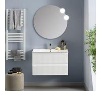 Mobile bagno sospeso 80 cm bianco opaco cannettato con 2 cassetti, lavabo in ceramica e specchio tondo 80 cm, GIAVA