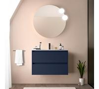 Inbagno Mobile bagno sospeso 80 cm blu satinato con lavabo e specchio tondo 70 cm, 2 cassetti con chiusura soft-close, GAYA