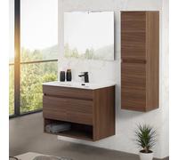 Mobile bagno sospeso 80 cm noce canaletto con 2 ante e vano a giorno, lavabo in ceramica e specchio reversibile 60x80 cm, KLEO