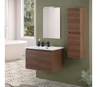 Inbagno Mobile bagno sospeso 80 cm noce canaletto con 2 ante soft-close, lavabo in ceramica e specchio reversibile 60x80 cm, KLEO