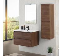 Inbagno Mobile bagno sospeso 80 cm noce canaletto con 2 cassetti soft-close, lavabo in ceramica e specchio reversibile 60x80 cm, KLEO