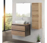 Mobile bagno sospeso 80 cm ossido e rovere africa con top, lavabo in appoggio e specchio reversibile 60x80 cm, KLEO