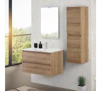 Inbagno Mobile bagno sospeso 80 cm rovere africa con 2 cassetti soft-close, lavabo in ceramica e specchio reversibile 60x80 cm, KLEO
