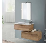 Inbagno Mobile bagno sospeso 80 cm rovere naturale con base lavabo e cassetto, completo di specchiera a filo reversibile, NADIA