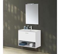 Inbagno Mobile Bagno sospeso 80 cm Un cassetto Bianco Lucido con Specchio Reversibile 62x78 con Lampada a LED 30