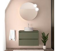 Inbagno Mobile bagno sospeso 80 cm verde satinato con top per lavabo e specchio tondo 70 cm, 2 cassetti con chiusura soft-close, GAYA