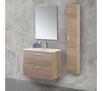 Inbagno Mobile Bagno sospeso 80 Due cassetti in Rovere Tropea con pensile H 150 e Specchio Reversibile 62x78 con Lampada a LED 30 cm