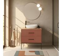 Inbagno Mobile Bagno Sospeso 80cm Terracotta Con Cassetti Soft-Close E Specchio Tondo Ø60 - Linea Brik Con Top In Rovere