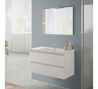 Inbagno Mobile bagno sospeso 90 cm rovere bianco con 2 cassetti, completo di lavabo e specchiera a filo reversibile, NADIA