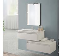 Inbagno Mobile bagno sospeso 90 cm rovere bianco con base lavabo e cassetto, completo di specchiera a filo reversibile, NADIA