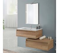 Inbagno Mobile bagno sospeso 90 cm rovere naturale con base lavabo e cassetto, completo di specchiera a filo reversibile, NADIA