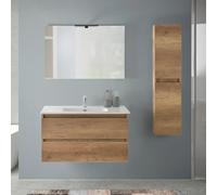 Inbagno Mobile bagno sospeso 90 cm rovere naturale con pensile H 125, completo di lavabo e specchiera a filo reversibile, NADIA