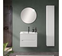 Inbagno Mobile Bagno sospeso cannettato 60 cm Bianco Opaco con 2 cassetti Soft-Close, lavabo in Ceramica e Specchio Tondo a Filo 60 cm, Bali