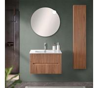 Inbagno Mobile Bagno sospeso cannettato 70 cm Noce Canaletto con 2 cassetti Soft-Close, lavabo in Ceramica e Specchio Tondo a Filo 70 cm, Bali