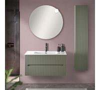 Inbagno Mobile Bagno sospeso cannettato 90 cm Verde Opaco con 2 cassetti Soft-Close, lavabo in Ceramica e Specchio Tondo a Filo 80 cm, Bali
