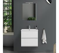 Inbagno Mobile Bagno sospeso con lavabo in Ceramica e Specchio, cassetti e Ante a Chiusura rallentata, 3 colorazioni Disponibili (60 cm 2 cassetti, Bianco Lucido)
