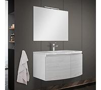 Mobile Bagno sospeso Curvo 80 cm, 2 Ante con Chiusura Ammortizzata, lavabo e Specchio Inclusi (Rovere Nordico)