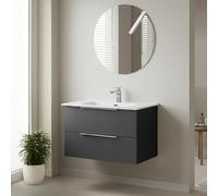 Inbagno Mobile Bagno Sospeso L 80 Cm - Grigio Cannettato E Profili Neri - Con 2 Cassetti Soft Close, Lavabo E Specchio Tondo - Linea Zena