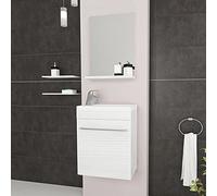 Inbagno Mobile Bagno sospeso salvaspazio Compatto, L.40 x P.22.5 x H. 55.6 cm, Vasca Reversibile, Completo di lavabo in Ceramica Specchio e mensola (Rovere Bianco)