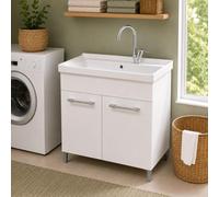 Inbagno Mobile Lavatoio Lavanderia Bianco 80x50 cm con Vasca in Ceramica - Mobiletto Pilozza a Due Ante con Kit di Scarico Incluso - Già Assemblato Linea Lavanderia