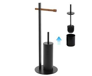 Inbagno Piantana portarotolo e scopino WC, Acciaio Nero e bambù, D. 22 x H 67.5 cm, con Contenitore e scopino con setole Nere