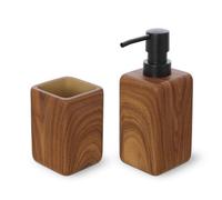 Inbagno Set Accessori Bagno 2 Pezzi con Dispenser Sapone Liquido E Bicchiere Porta Spazzolini in Poliresina Effetto Legno della Linea Radici