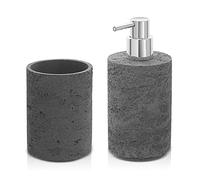 Inbagno Set Accessori Bagno 2 Pezzi Effetto Pietra Grigio, Dispenser e portaspazzolini, in Resina (Set 2)