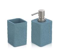 Inbagno Set Accessori Bagno 2 Pezzi Effetto Pietra Turchese Cobalto, Dispenser e portaspazzolini, in Resina (Set 2)