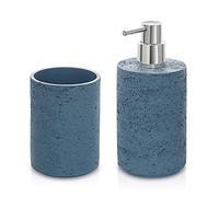 Inbagno Set Accessori Bagno 2 Pezzi Effetto Pietra Turchese Cobalto, Dispenser e portaspazzolini, in Resina (Set 2)