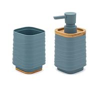 Inbagno Set Accessori Bagno 2 Pezzi Turchese Cobalto, Dispenser e portaspazzolini, in ABS e bambù Naturale, Linea Wave (Set 2)