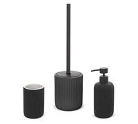 Inbagno Set Accessori Bagno 3 Pezzi in Ceramica Nero cannettato, Dispenser Sapone portaspazzolini e portascopino Soft Touch, Spring