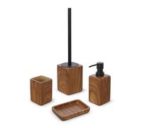 Inbagno Set Accessori Bagno 4 Pezzi con Dispenser Sapone Liquido, Bicchiere Porta Spazzolini, Porta Saponetta E Porta Scopino WC in Poliresina Effetto Legno della Linea Radici