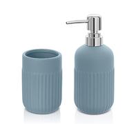 Inbagno Set Accessori Bagno da appoggio 2 Pezzi, Dispenser Sapone e Bicchiere portaspazzolini, in Ceramica Colore Turchese Cobalto, Linea Cup